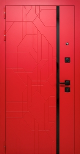 Современная металлическая дверь с панелями МДФ красного цвета (RAL 3028) и черной полосой