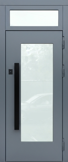 Металлическая термодверь с большим стеклом, фрамугой, длинной ручкой и серыми плитами МДФ RAL 9002