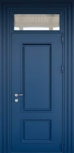Металлобагетная утепленная термодверь с остекленной фрамугой и синим порошковым покрытием (RAL 5005)