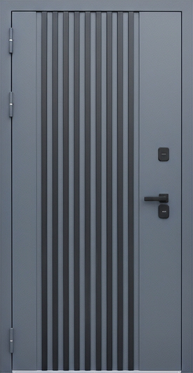 Стальная дверь с полимерным окрашиванием серого цвета и вертикальными черными рейками