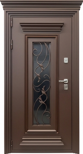 Утепленная входная термодверь с металлобагетом, карнизом, стеклопакетом, ковкой и коричневым полимерным покрытием
