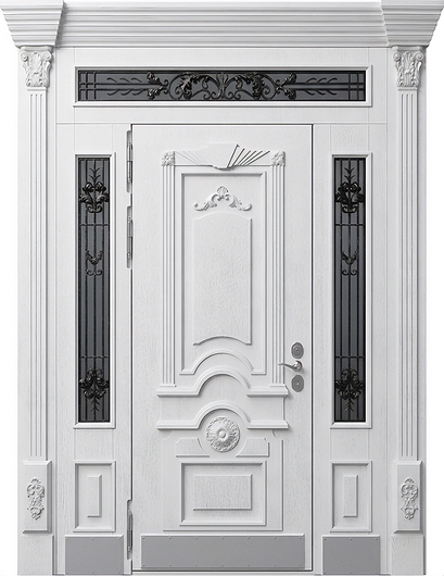 Парадная входная группа с терморазрывом, капителями, отбойниками, ковкой, стеклами и белыми панелями МДФ с резьбой
